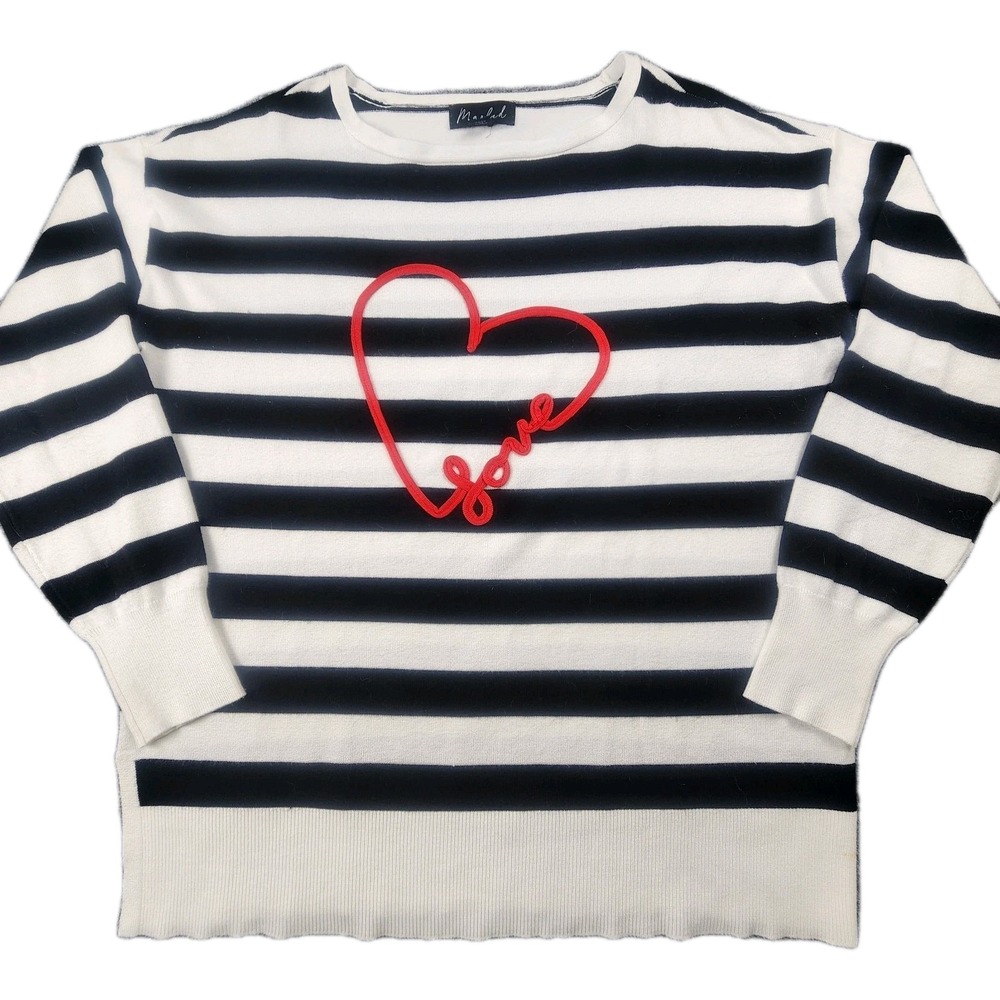 Marled M Black White Stripe Sweater Red Heart Love Script Preppy‎ Paris Chic 3D